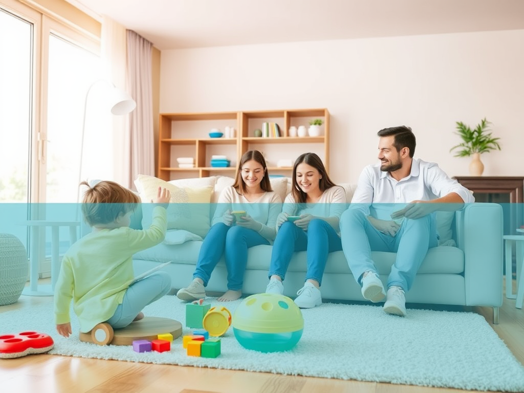 Счастливое семейное время: родители с детьми играют и отдыхают в уютной гостиной. Игрушки разбросаны на полу.