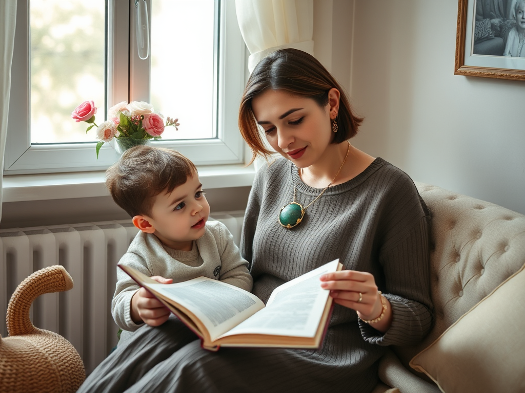 Женщина с украшением читает книгу мальчику на диване у окна, рядом с цветами в вазе.