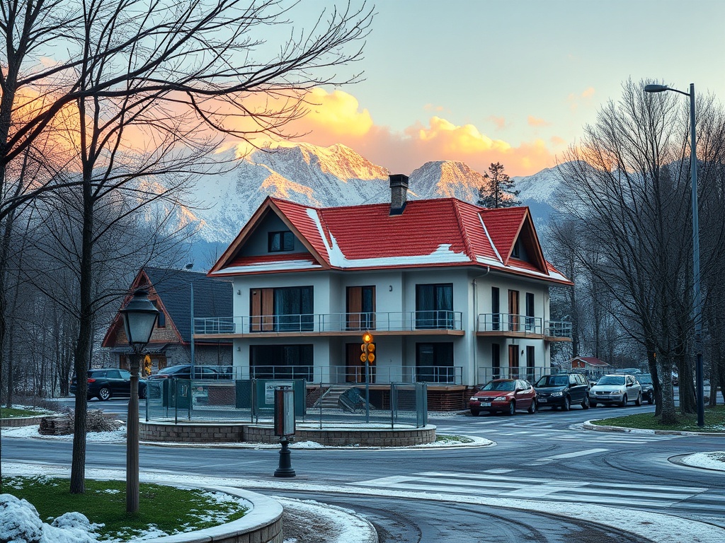 Современный дом с красной крышей на фоне гор, зимний пейзаж, снежная дорога и деревья вокруг.