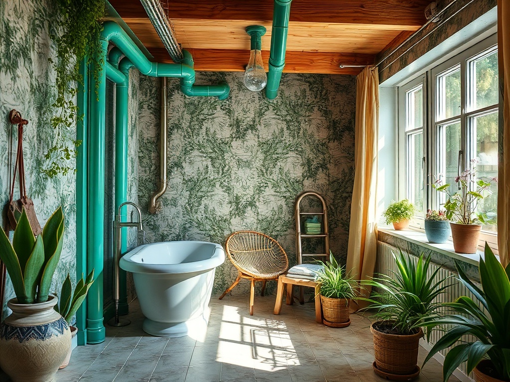 Современная ванная комната с зелеными трубами и растениями, наполненная светом и уютом.