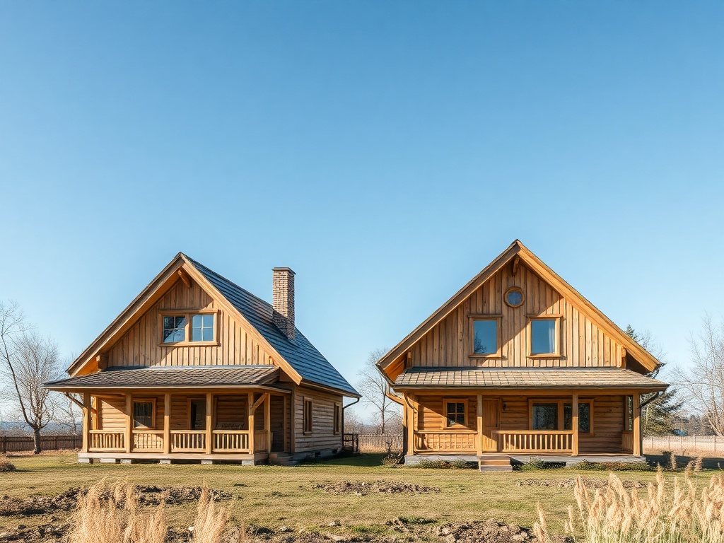 Два деревянных дома с большими окнами на фоне ясного голубого неба и зеленого двора.