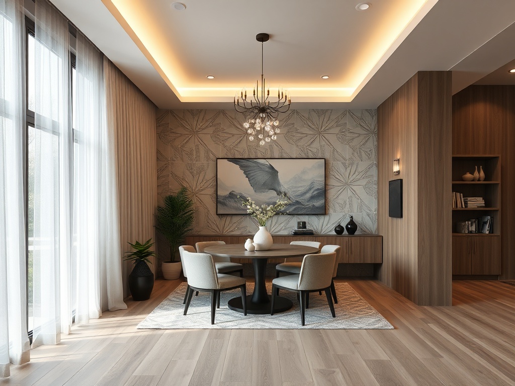 Светлая столовая с круглім столом, стульями и элегантными светильниками, украшенная растениям и полотном.