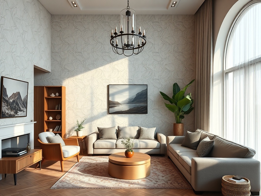 Современный светлый жилой интерьер с уютной мебелью и большими окнами, наполненный естественным светом.