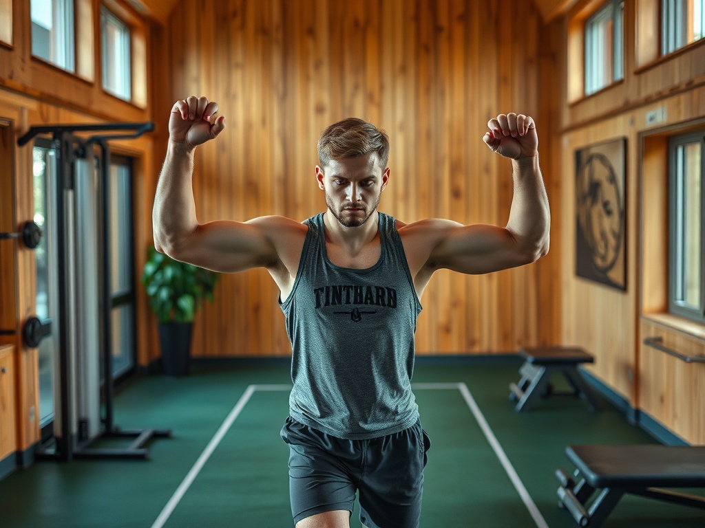 Молодой человек тренируется в спортзале с деревянными стенами, поднимая руки вверх.