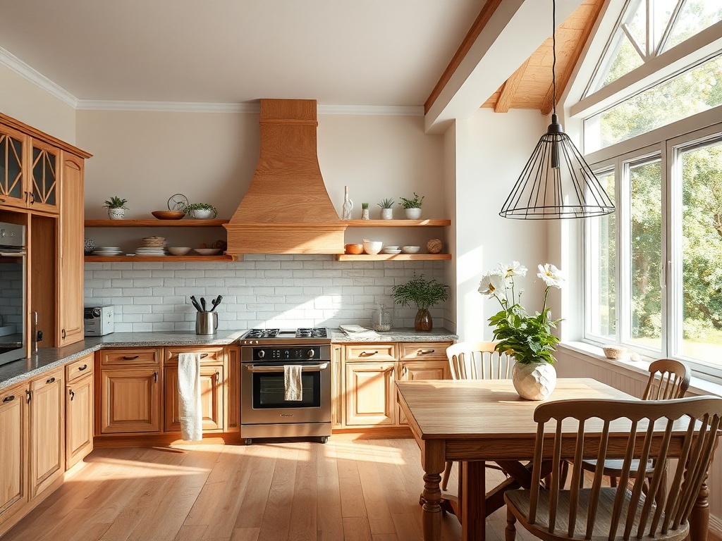 Светлая кухня с деревянными шкафами, столом и растениями, оформленная в современном стиле.