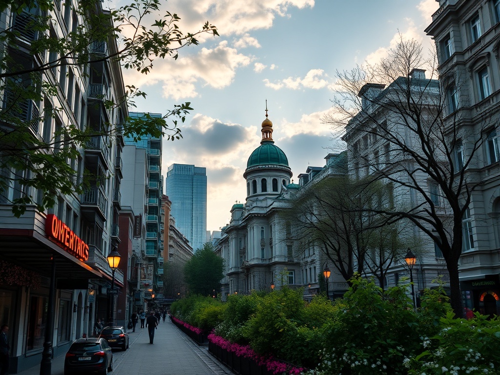 Уютная улица с зелеными растениями, красивыми зданиями и куполом вдалеке на фоне неба.