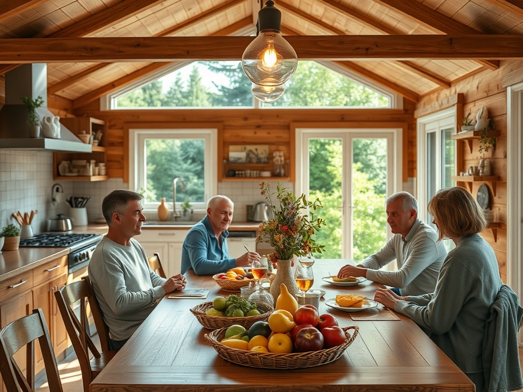 На уютной кухне четыре человека обсуждают рецепты за столом, на котором много фруктов и напитков.