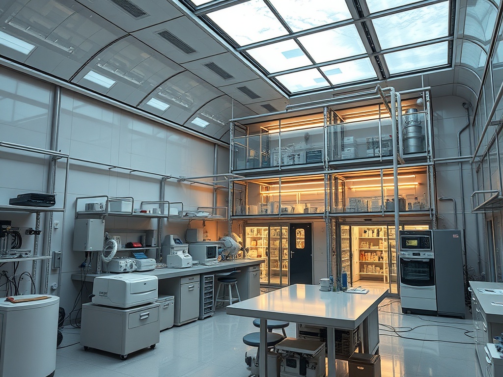 Современная лаборатория с оборудованием и стеклянными стеллажами, наполненными контейнерами.