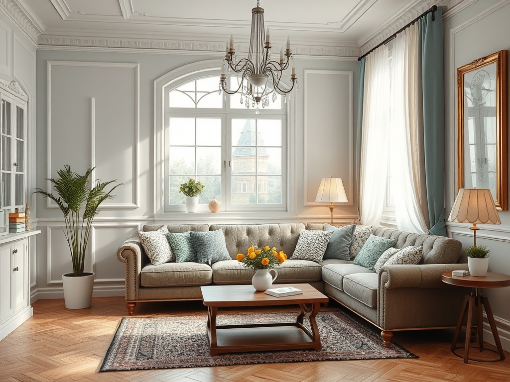 Уютная гостиная с диваном, столом и светлыми шторами, ванной, зеленым растением и красивым видом из окна.