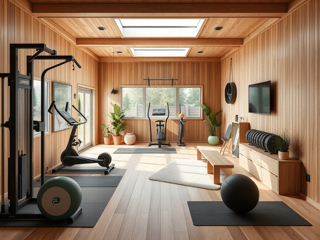 Современный домашний спортзал с древесной отделкой, тренажерами и растительностью на фоне больших окон.