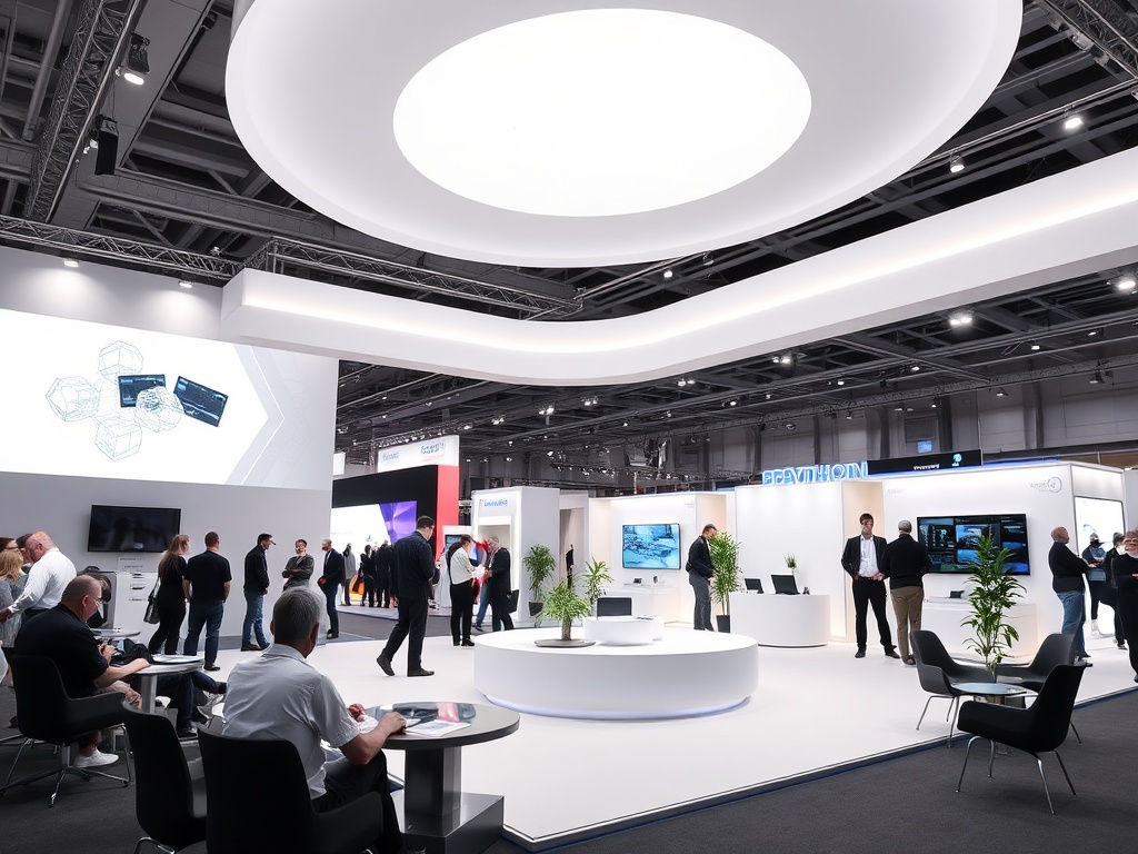 Выставочный стенд с современным дизайном, на котором люди обсуждают и взаимодействуют друг с другом.