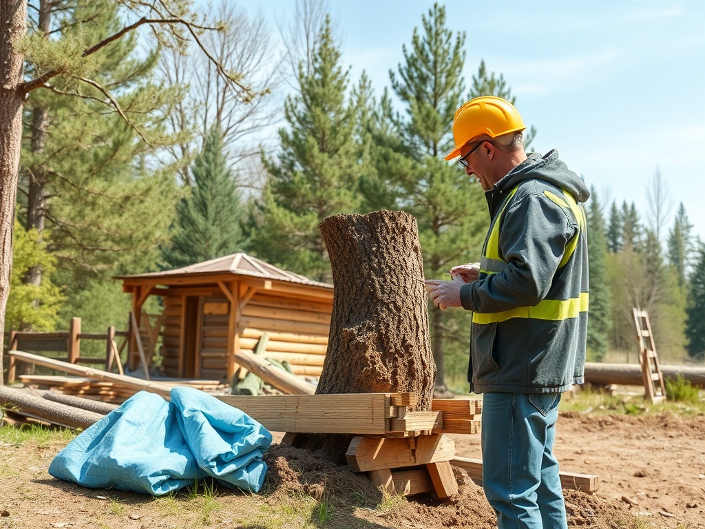 Работник в каске и жилете измеряет пень на строительной площадке среди деревьев и стройматериалов.