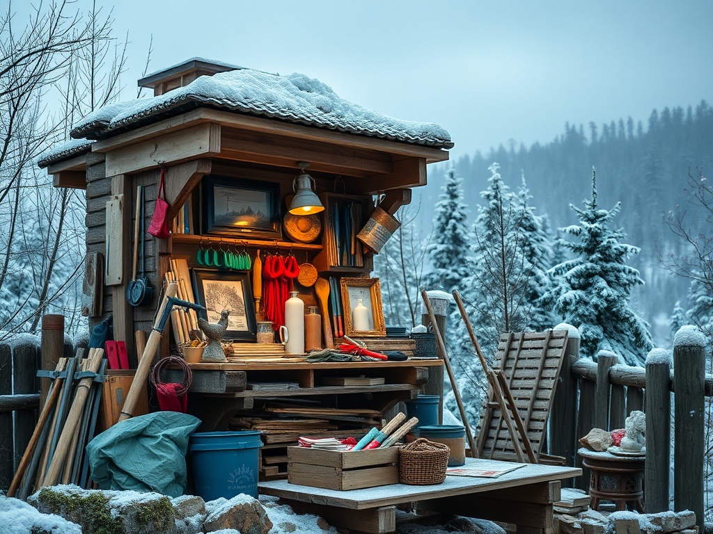 Уютная мастерская на снегу с инструментами, светом и изображениями на стенах, окруженная зимним лесом.