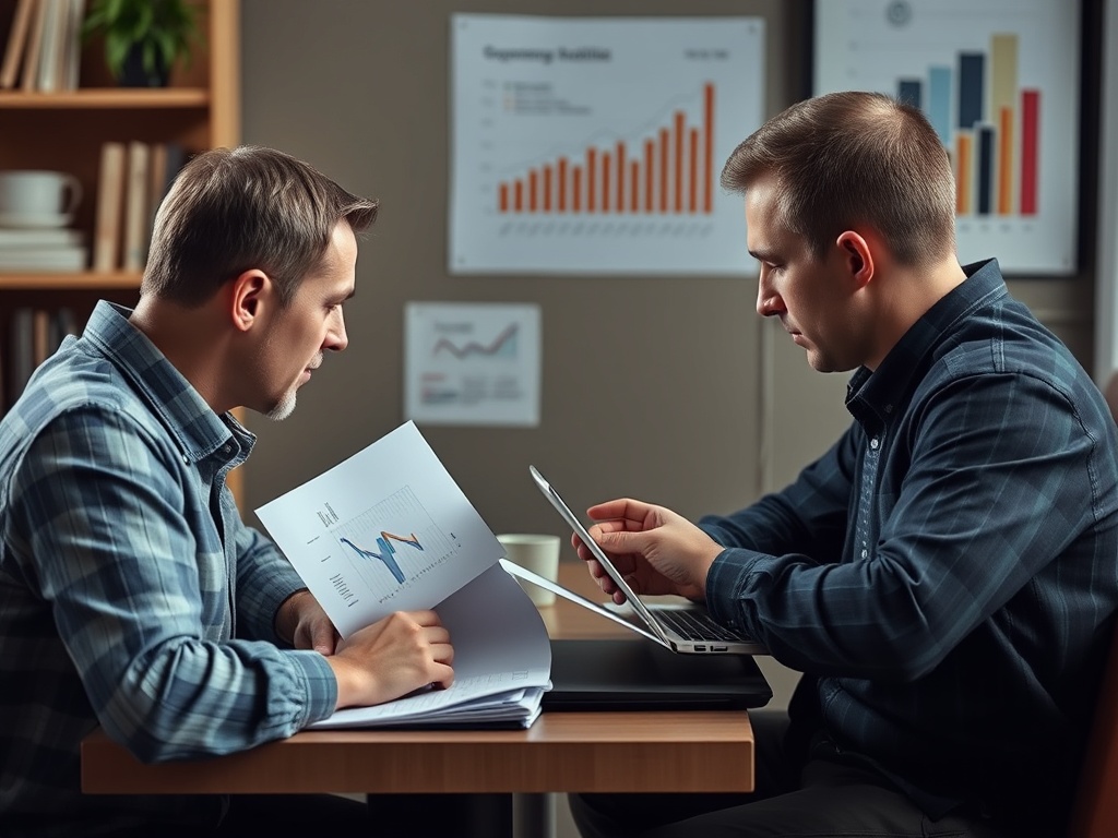 Два человека, сидящие за столом, обсуждают графики и отчёты, используясь ноутбук и документы.