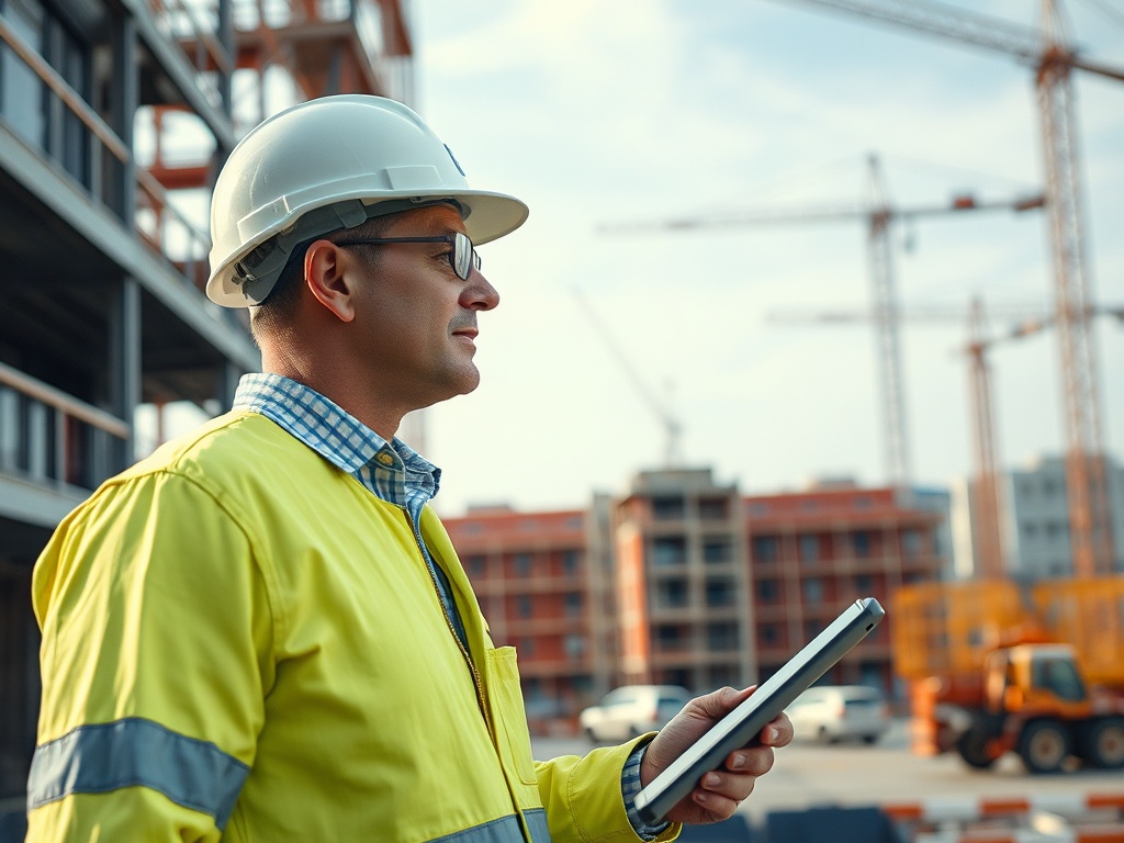 Рабочий в каске и жилете с планшетом на строительном объекте, позади краны и строящиеся здания.