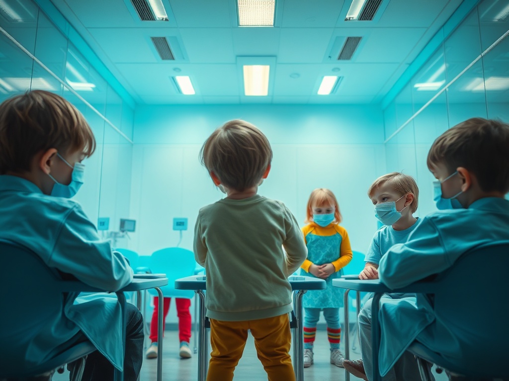 Группа детей в масках сидит за столом в яркой комнате. Они выглядят сосредоточенными и внимательными.