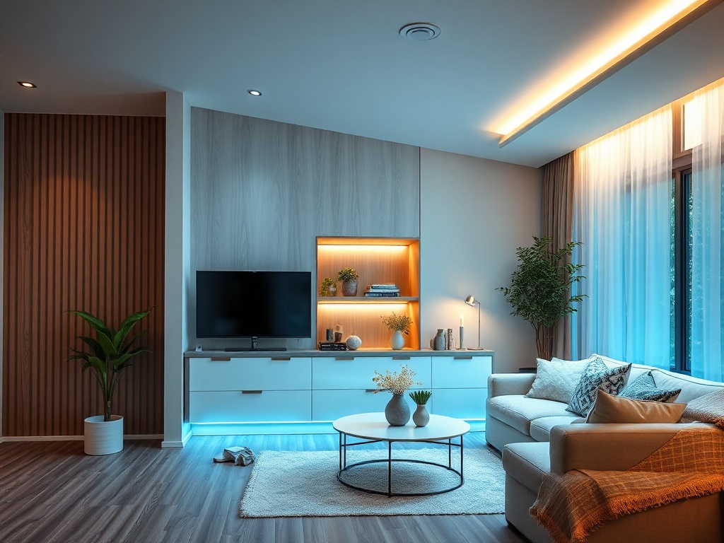 Современная гостиная с телевизором, уютным диваном и стильным освещением. Большие окна с занавесками.