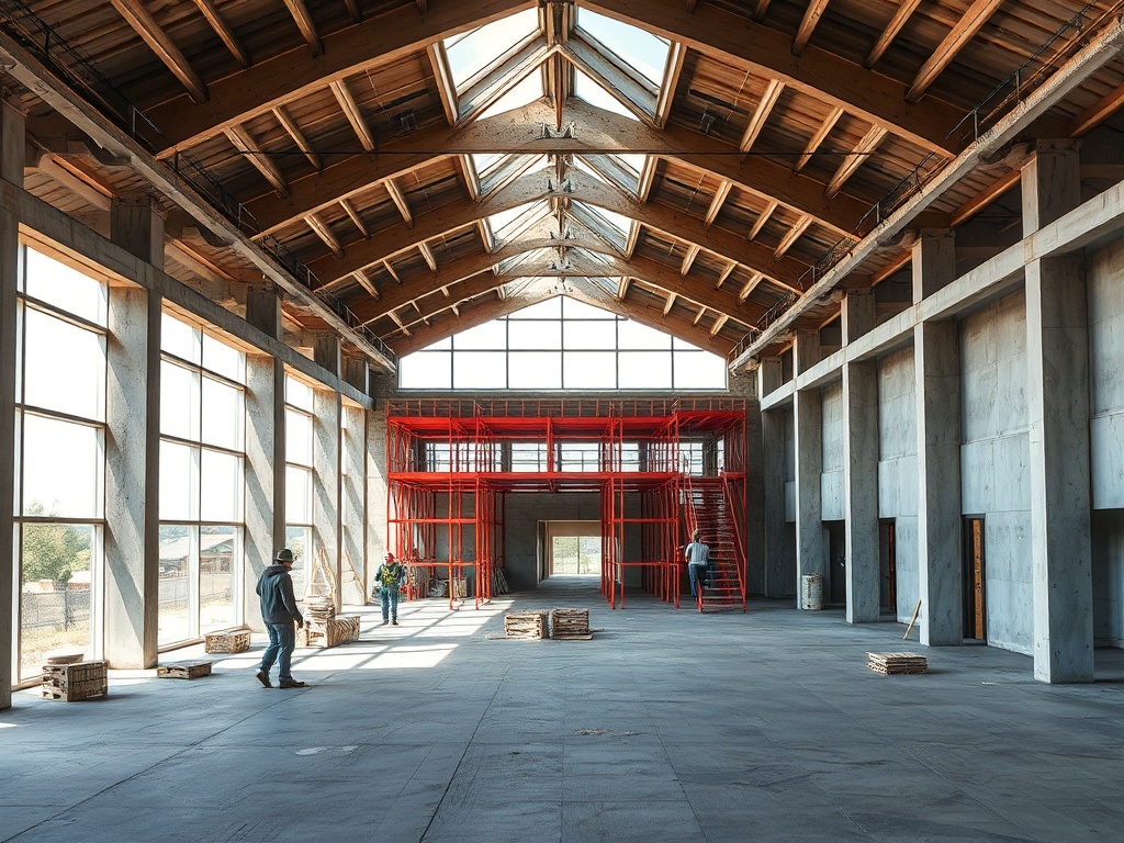 Просторное строительное помещение с высокими потолками, лестницами и строительными материалами. Работники ведут работу.