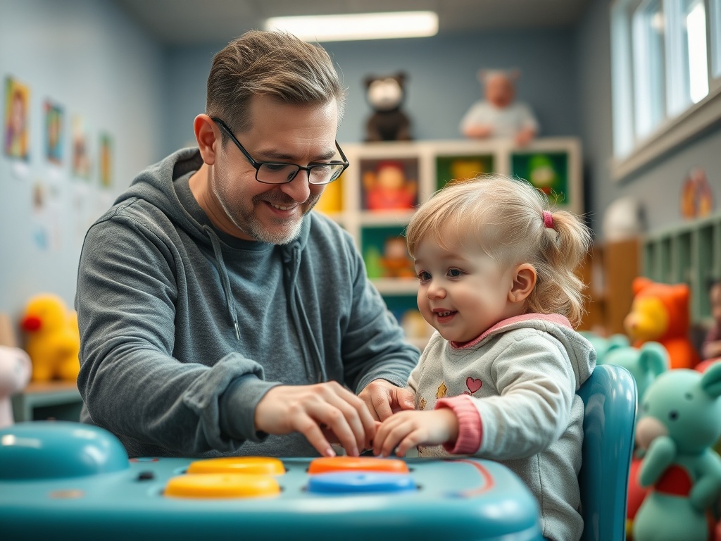 Отец и дочь играют вместе в игровом центре, окруженные мягкими игрушками и яркими цветами.