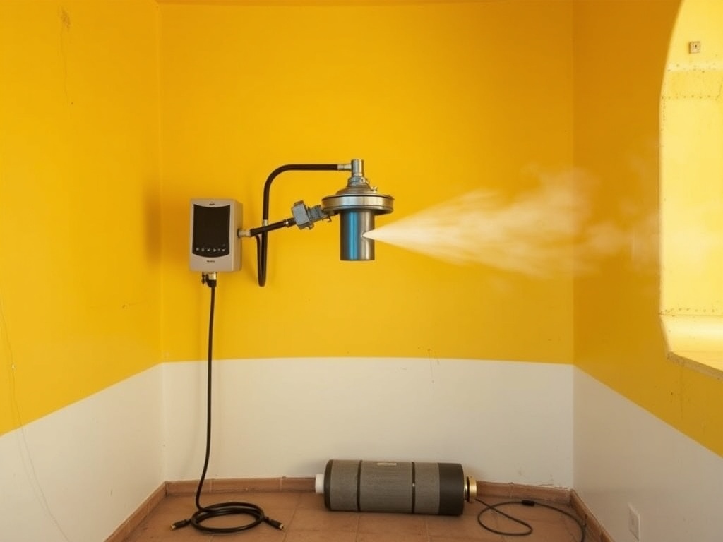 Устройство для распыления в комнате с жёлтыми стенами и белым потолком, из него выходит пар.