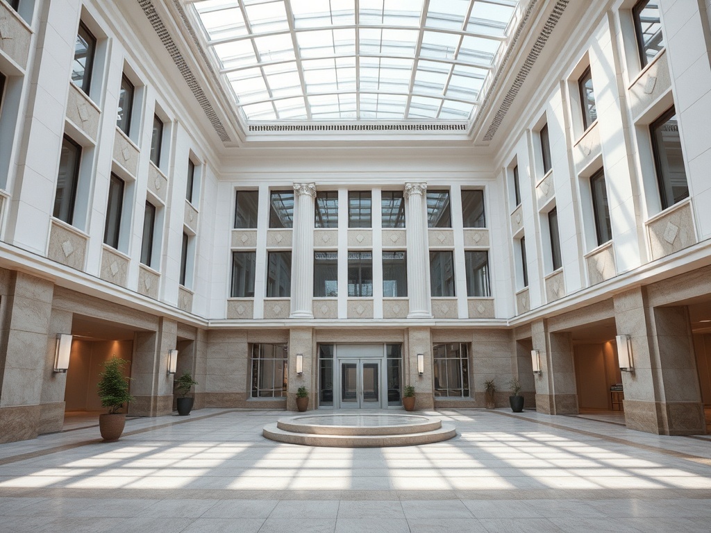 Современный интерьер здания с большим светлым atrium и высокими окнами. Много света и стильный дизайн.