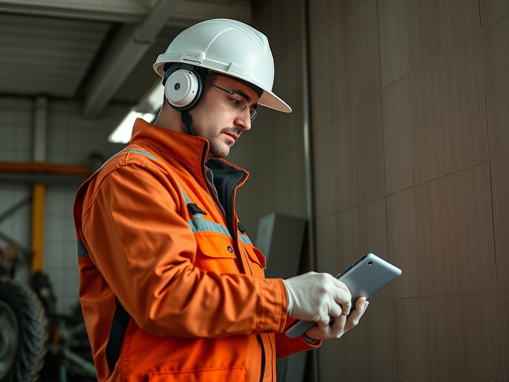 Рабочий в каске и наушниках использует планшет на строительном объекте. Он одет в оранжевую куртку.