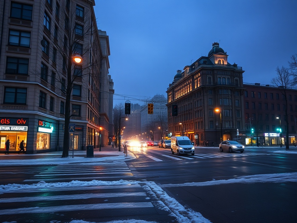 Городская улица в вечернее время, снег на земле, автомобили на перекрестке, освещенные здания.
