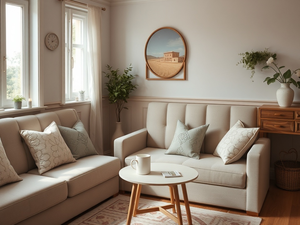 Уютная гостиная с диваном, мягкими подушками и круглыми картинами на стенах, наполненная солнечным светом.