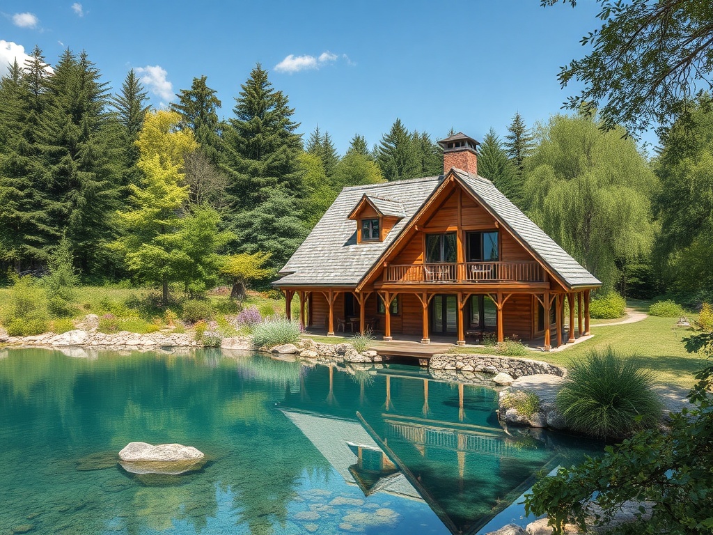 Деревянный дом у озера, окружённый зеленью и деревьями, отражается в спокойной воде. Ясное небо и уютная атмосфера.
