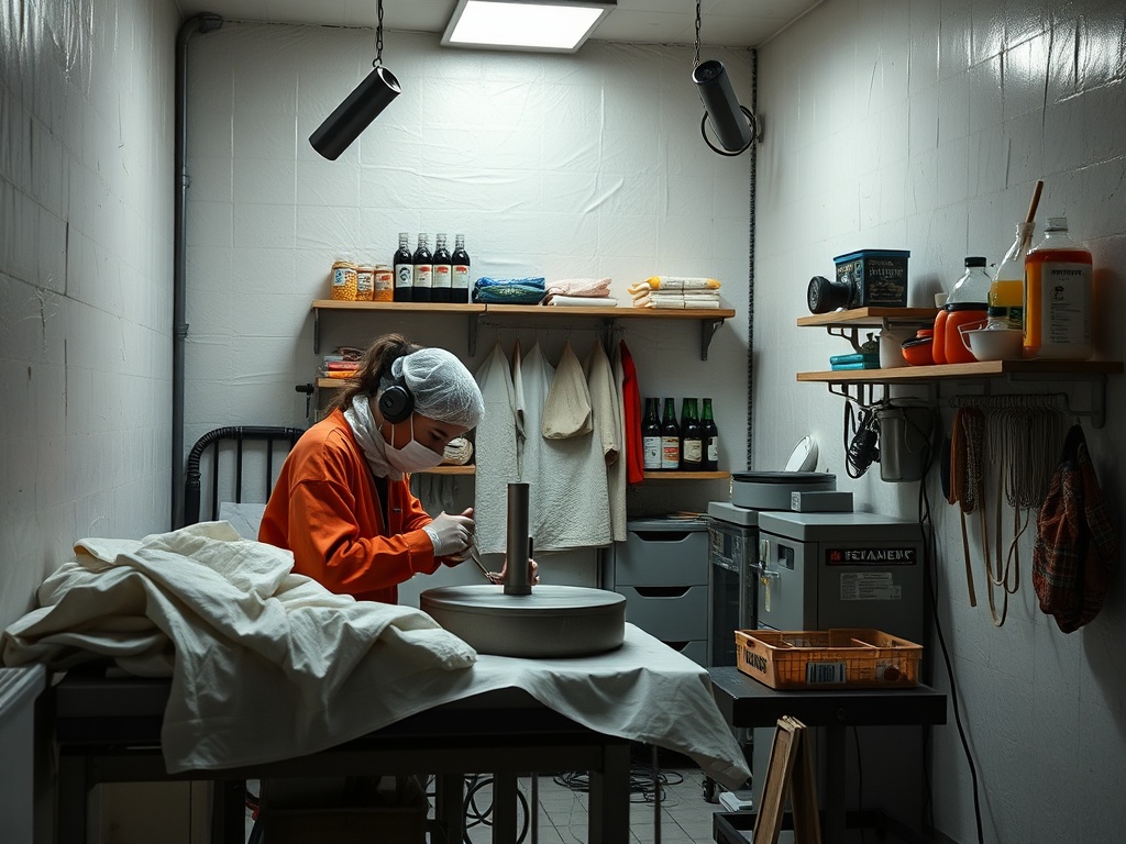 Человек в защитной одежде работает в помещении, окруженный инструментами и бутылками.