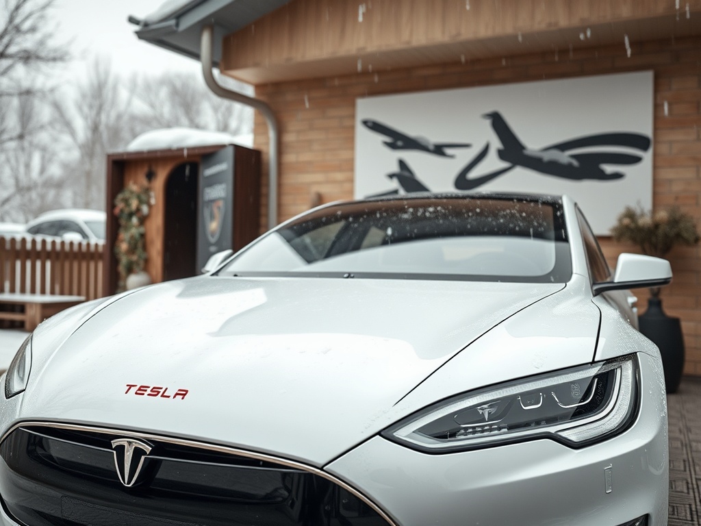 Электромобиль Tesla стоит под снегом, на фоне деревянного дома и абстрактной картины.