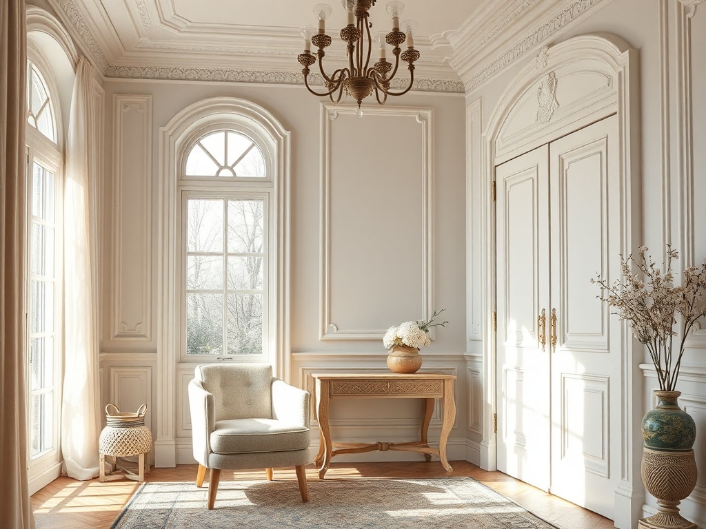 Уютный интерьер с белыми стенами, креслом, столиком и большими окнам, пропускающими солнечный свет.