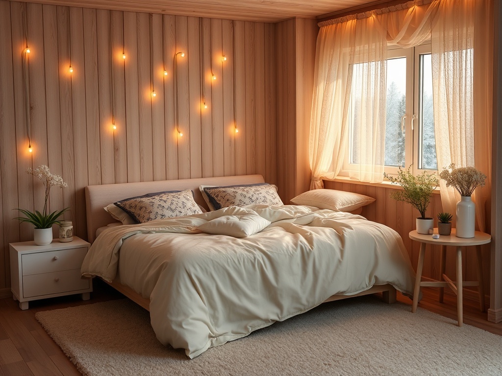 Уютная спальня с деревянными стенами, мягкой постелью и теплым освещением, кроме окна с видом на снег.