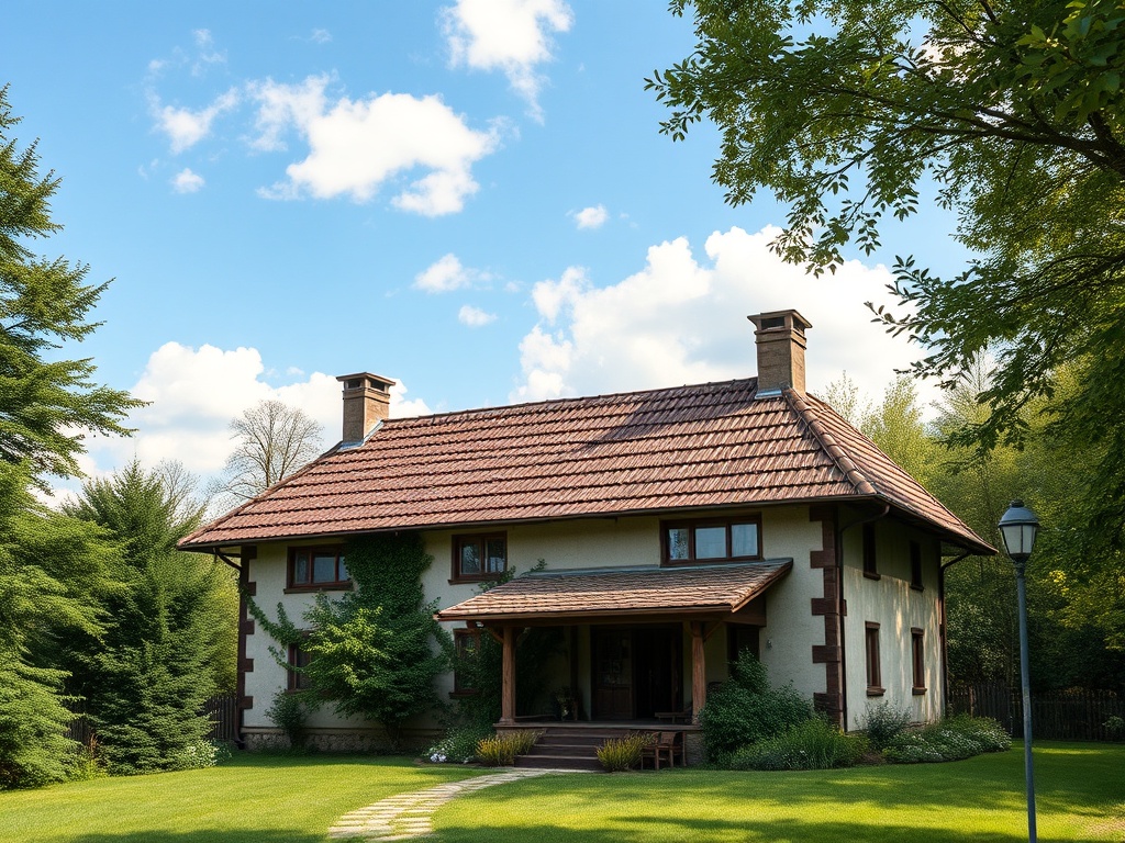 На фотографии загородный дом с зеленым газоном и деревьями на фоне голубого неба.