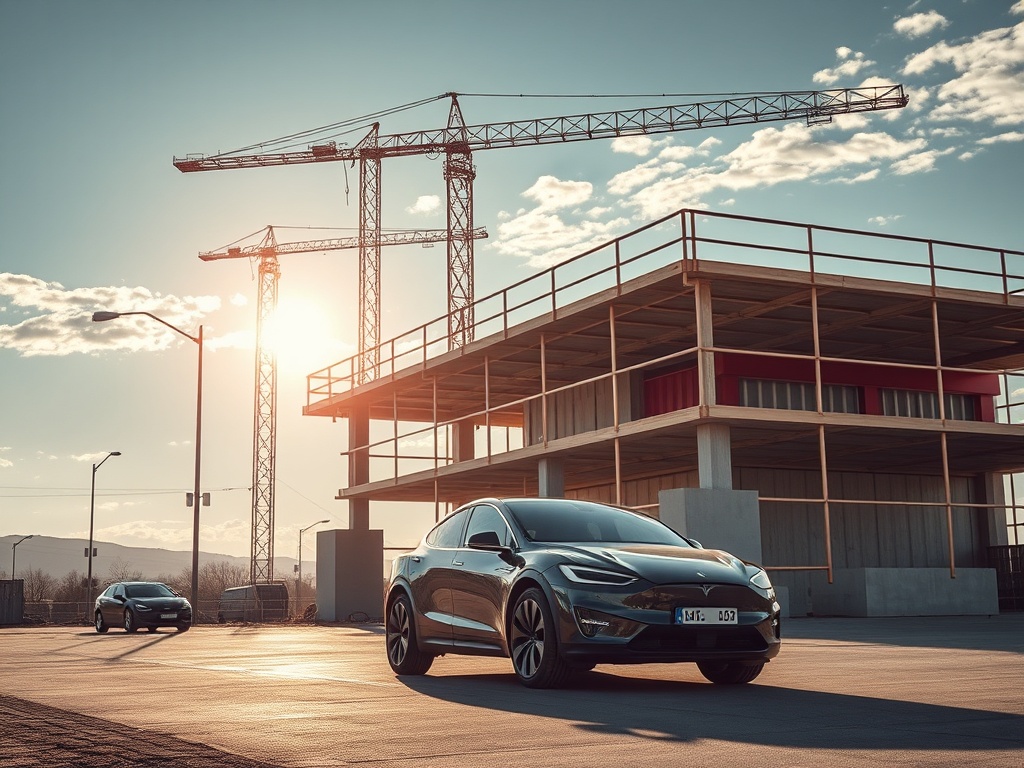 На фоне строительного объекта два автомобиля стоят на дороге под вечерним солнцем.