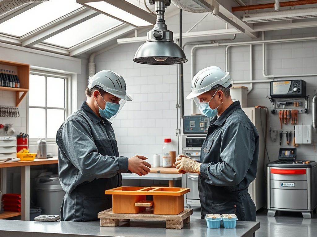 Два работника в защитных шлемах и масках обсуждают и обрабатывают материалы на кухне.