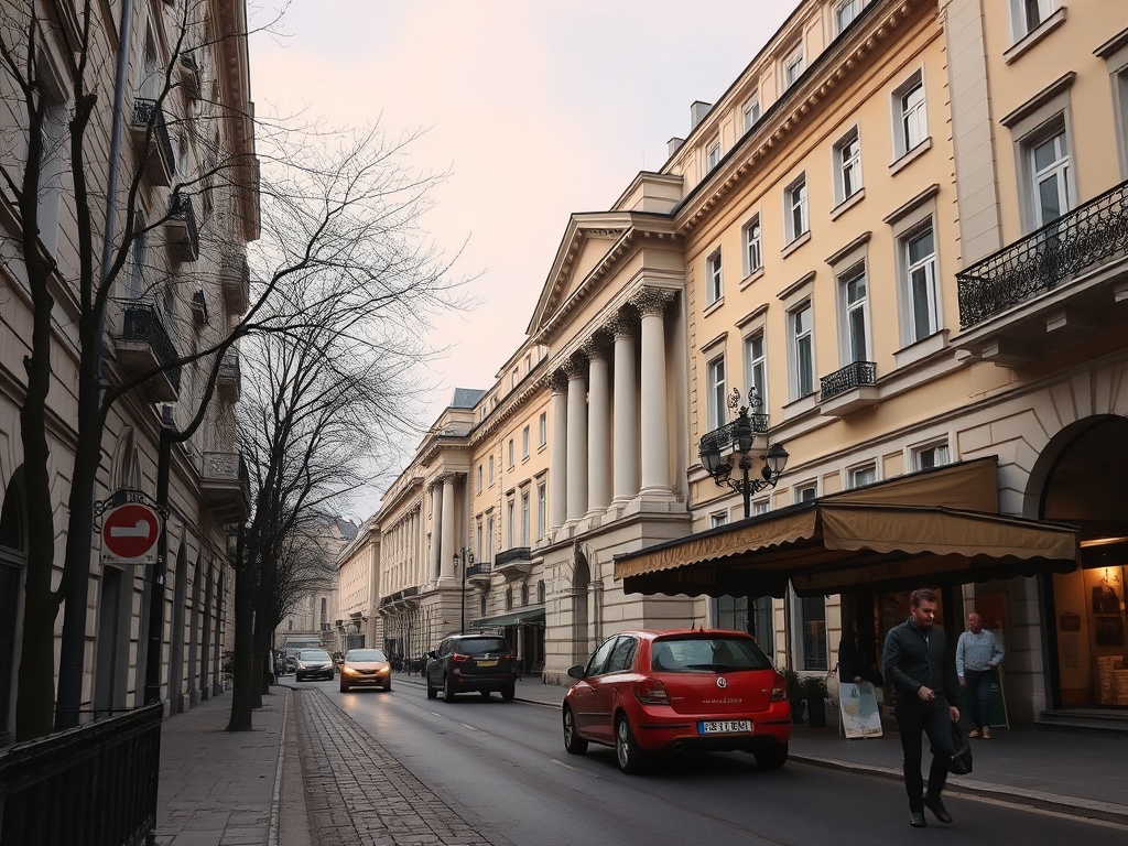 Улица с зданиями в классическом стиле, проезжающие автомобили и пешеходы на закате.