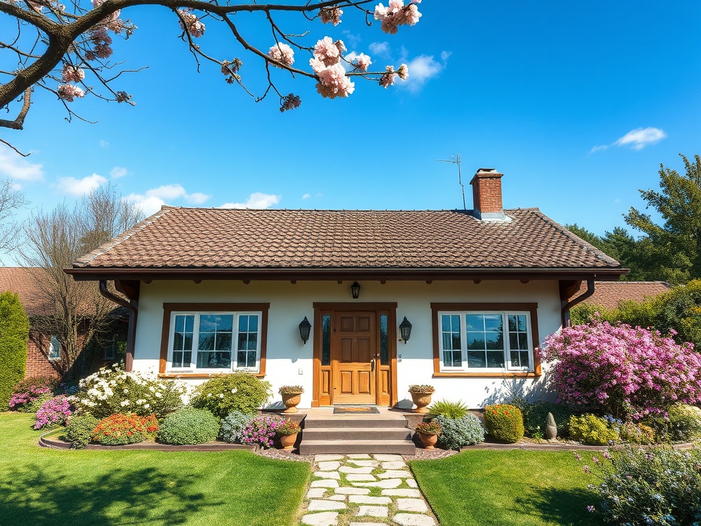 Красивая загородная дом с цветами и зеленым садом на фоне ясного голубого неба.
