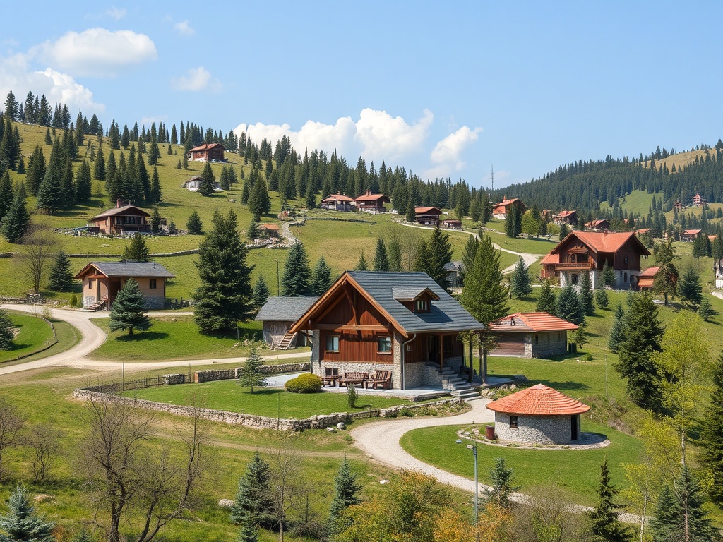 На зелёном холме расположены деревянные домики, окружённые соснами и красивым пейзажем.