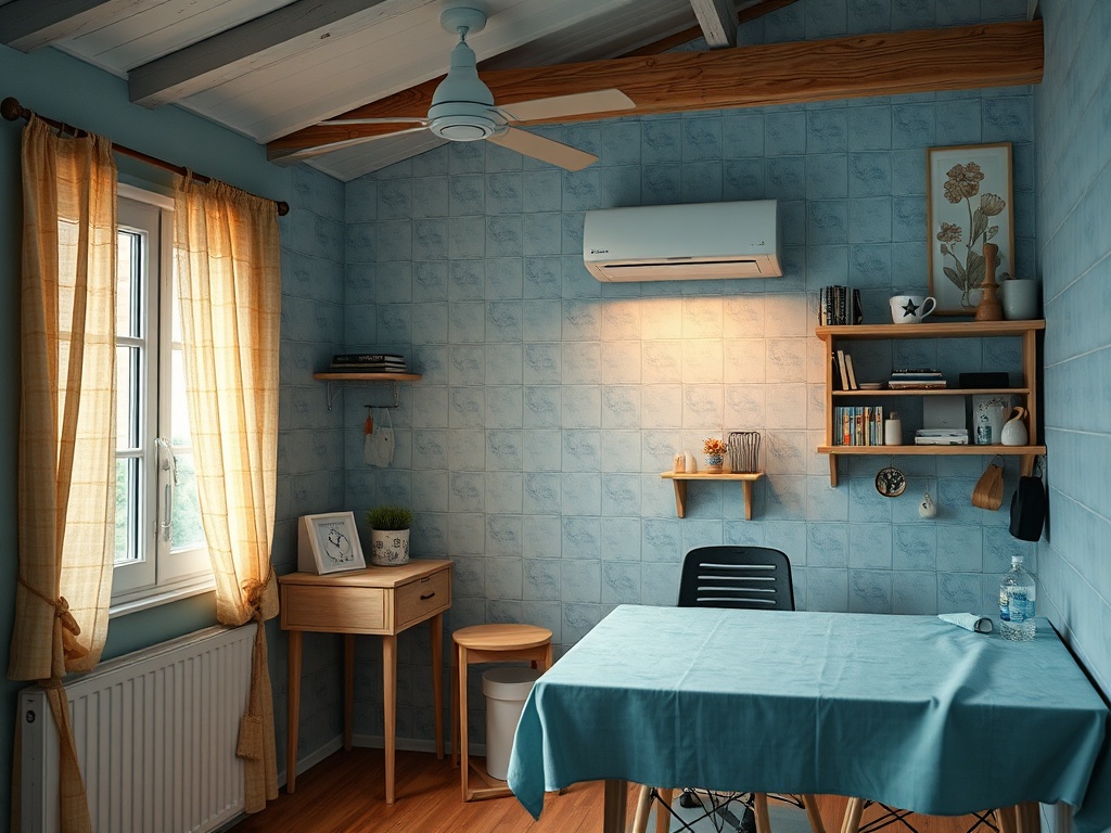 Уютная комната с голубыми стенами, столом, стулом и полками, украшенными книгами и растениями.