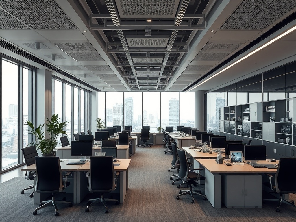 Современный офис с окнами до пола, столами и компьютерами. Уютная и функциональная рабочая атмосфера.