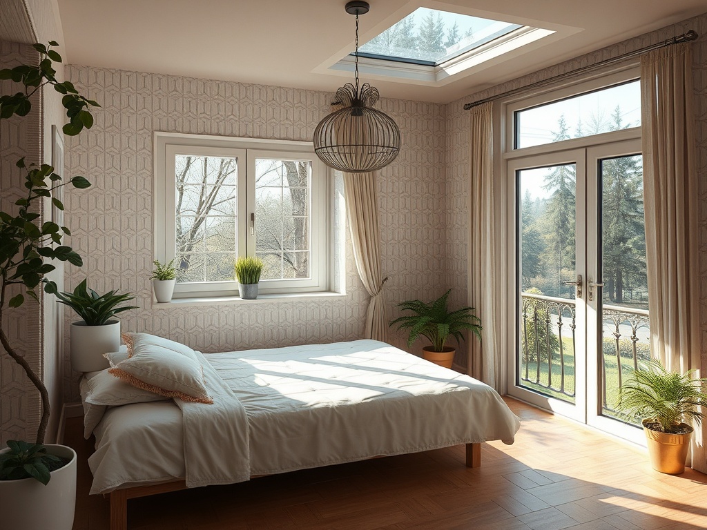 Светлая спальня с большими окнами и зелеными растениями в уютном интерьере.