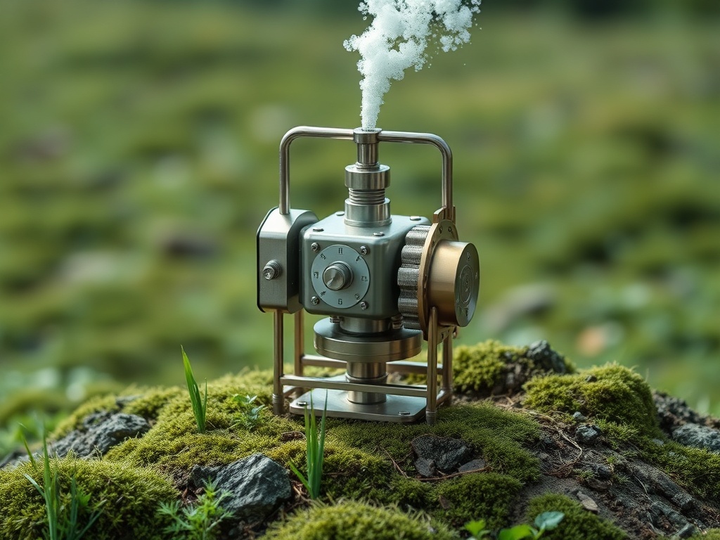 Металлический паровой двигатель на камнях, окруженный зеленым мхом, с дымом, поднимающимся вверх.