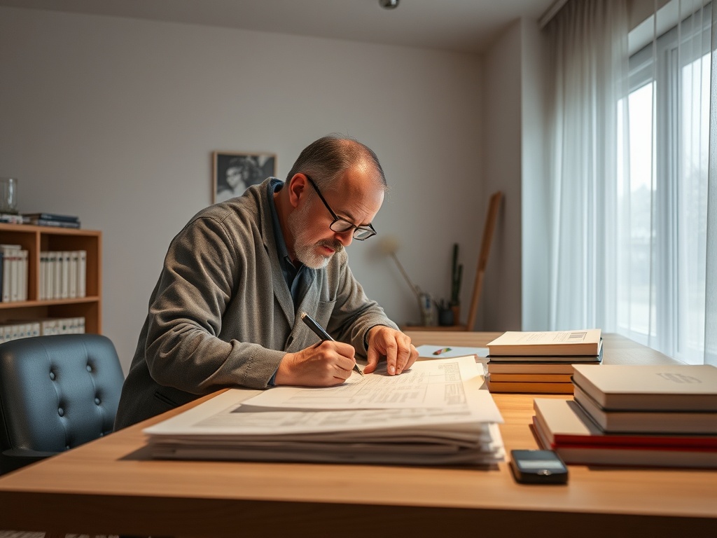 Мужчина с очками пишет что-то на бумаге за столом, окружённый книгами и документами в уютном кабинете.
